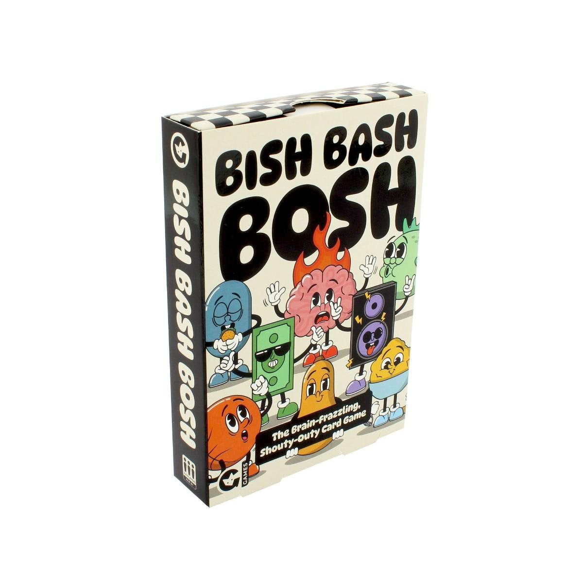 Bish Bash Bosh card game box with a checkered top, featuring cartoon characters including a flaming brain, speaker, and money bill on the front