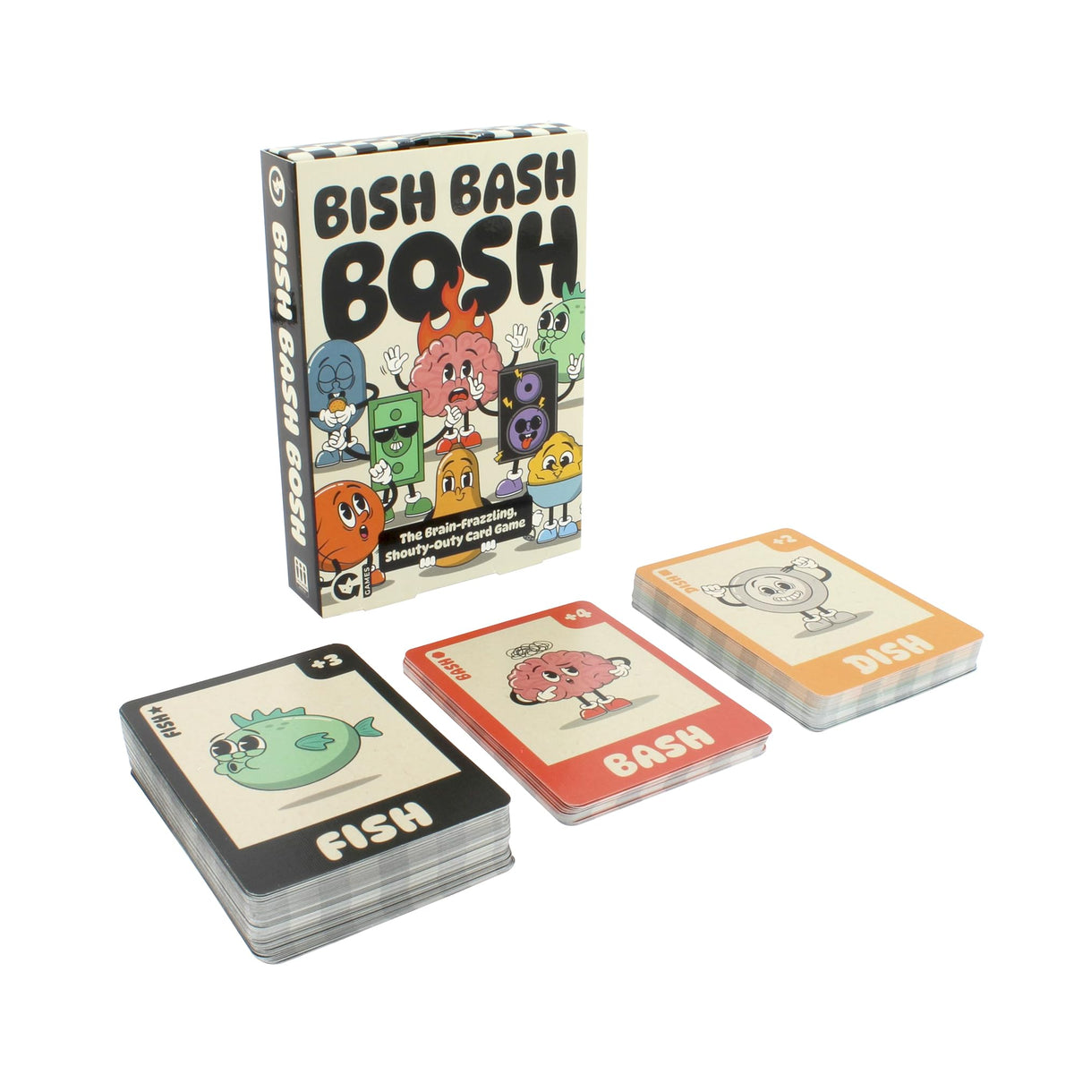 The Bish Bash Bosh card game box stands beside three stacks of cards featuring cartoon images of a fish, a brain, and a smiling dish