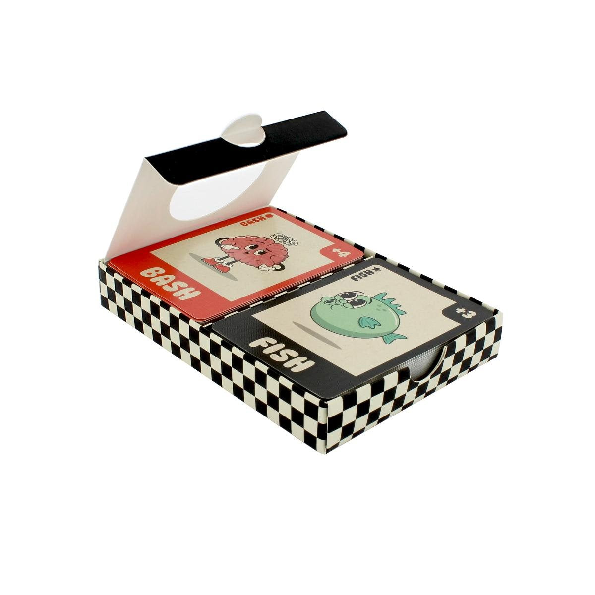 An open Bish Bash Bosh card game box with checkerboard sides, showing &quot;BASH&quot; cards with a brain and &quot;FISH&quot; cards with a fish