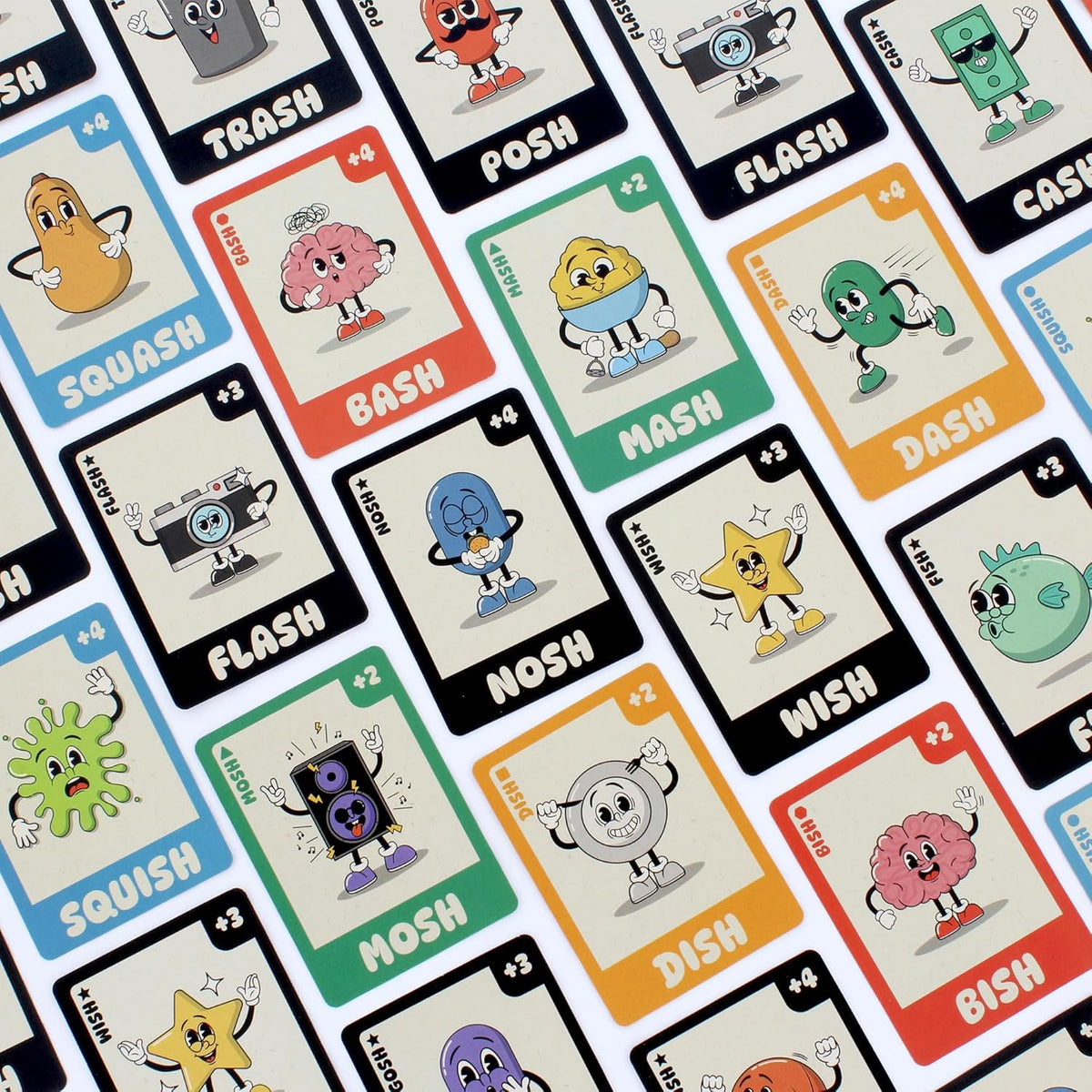 A spread of colorful cartoon-illustrated cards from the Bish Bash Bosh game, each with a unique character and a rhyming word, laid out on a white surface