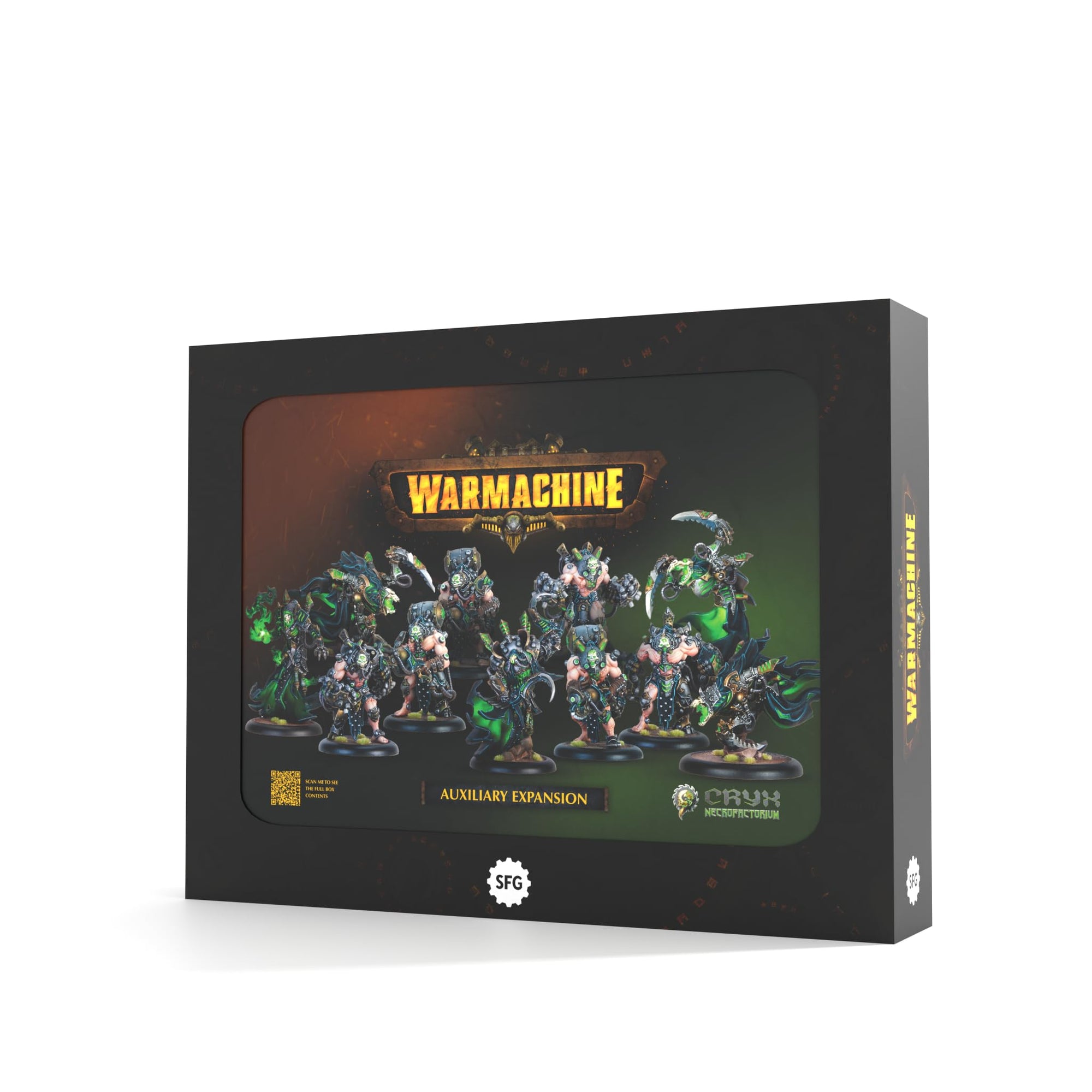 A black Warmachine Auxiliary Expansion game box features several green-accented fantasy miniature figures on the front cover