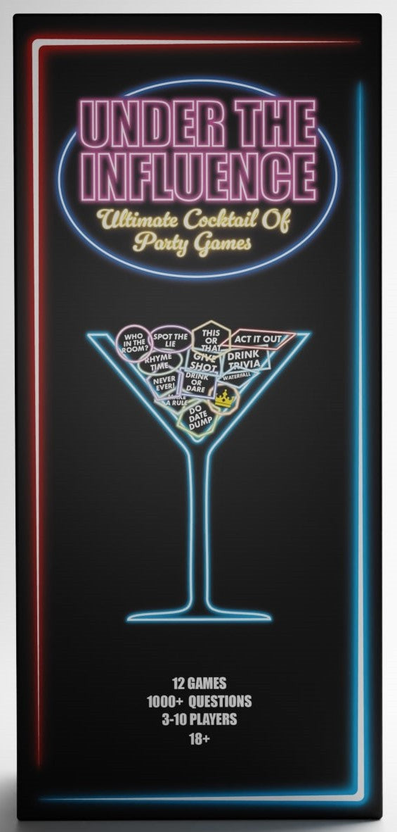 Under the Influence Ultimate Cocktail of Party Games box in black with neon pink and blue borders and cocktail glass graphic