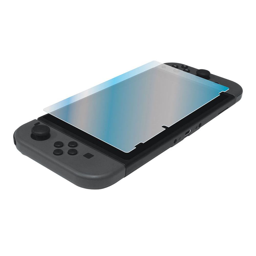 A clear screen protector positioned above a dark grey Nintendo Switch console, ready for application 