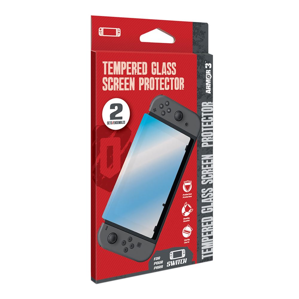 Red retail box for Armor 3 Tempered Glass Screen Protector, a 2-pack for Nintendo Switch 