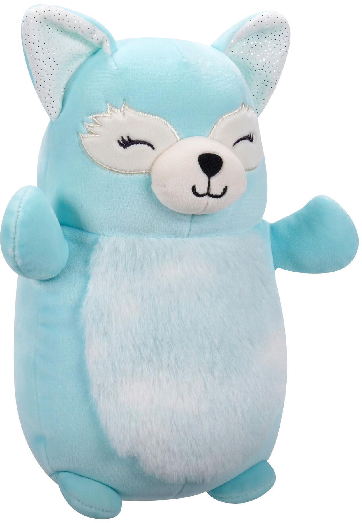 Cuddly blue fox plush toy with white belly and closed eyes, standing with open arms