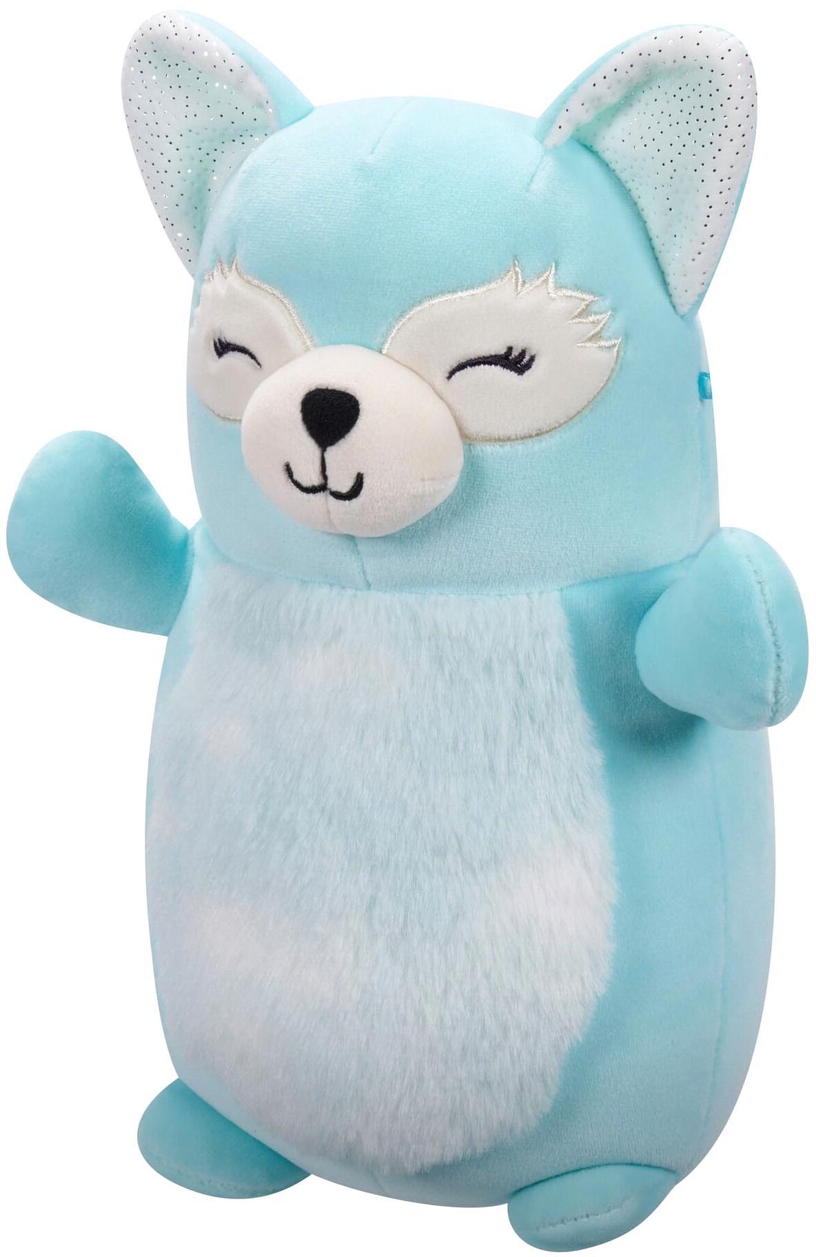 Soft light blue plush fox toy with a furry white chest, winking and waving