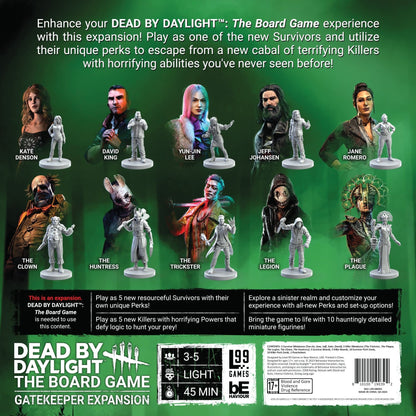 Dead by Daylight: Board Game - Gatekeeper Expansion featuring 5 Survivors and 5 Killers, displayed with their 10 unpainted grey miniatures