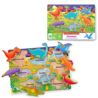 Colourful dinosaur lift-and-learn puzzle toy, includes T-Rex, Triceratops, Brachiosaurus, and Ankylosaurus figures