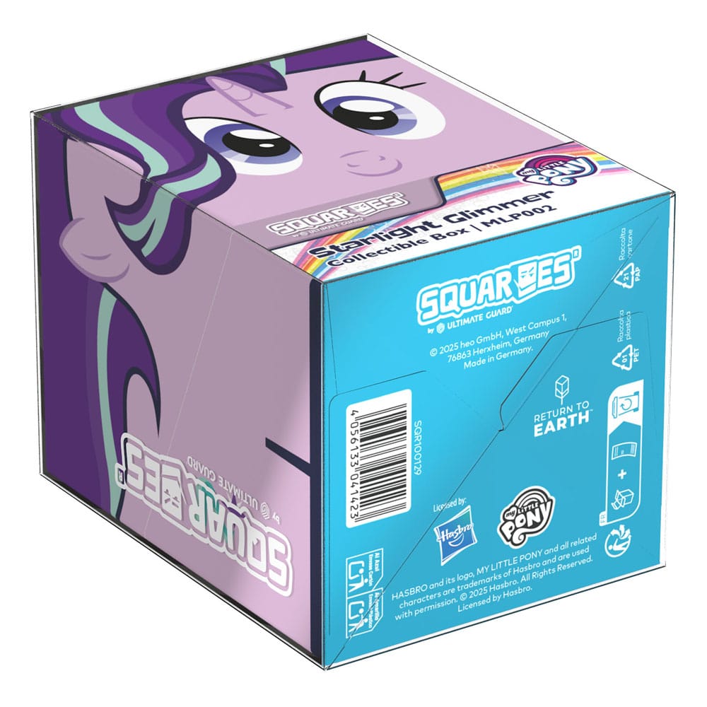 A purple and blue Squaroe collectible box for My Little Pony showing a unicorn pony's face on the top and side panels