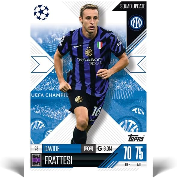 Davide Frattesi Inter Milan Champions League trading card showing player in action with stats 70 DEF and 75 ATT
