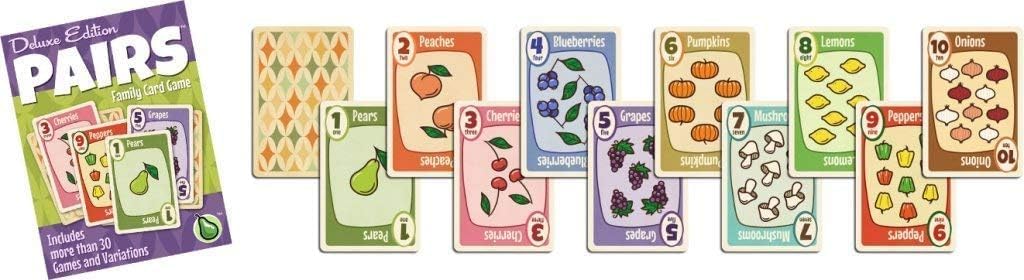 Deluxe Edition Pairs Family Card Game box and fanned playing cards showing numbers and produce