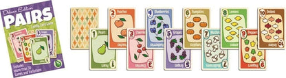 Deluxe Edition Pairs Family Card Game box and fanned playing cards showing numbers and produce