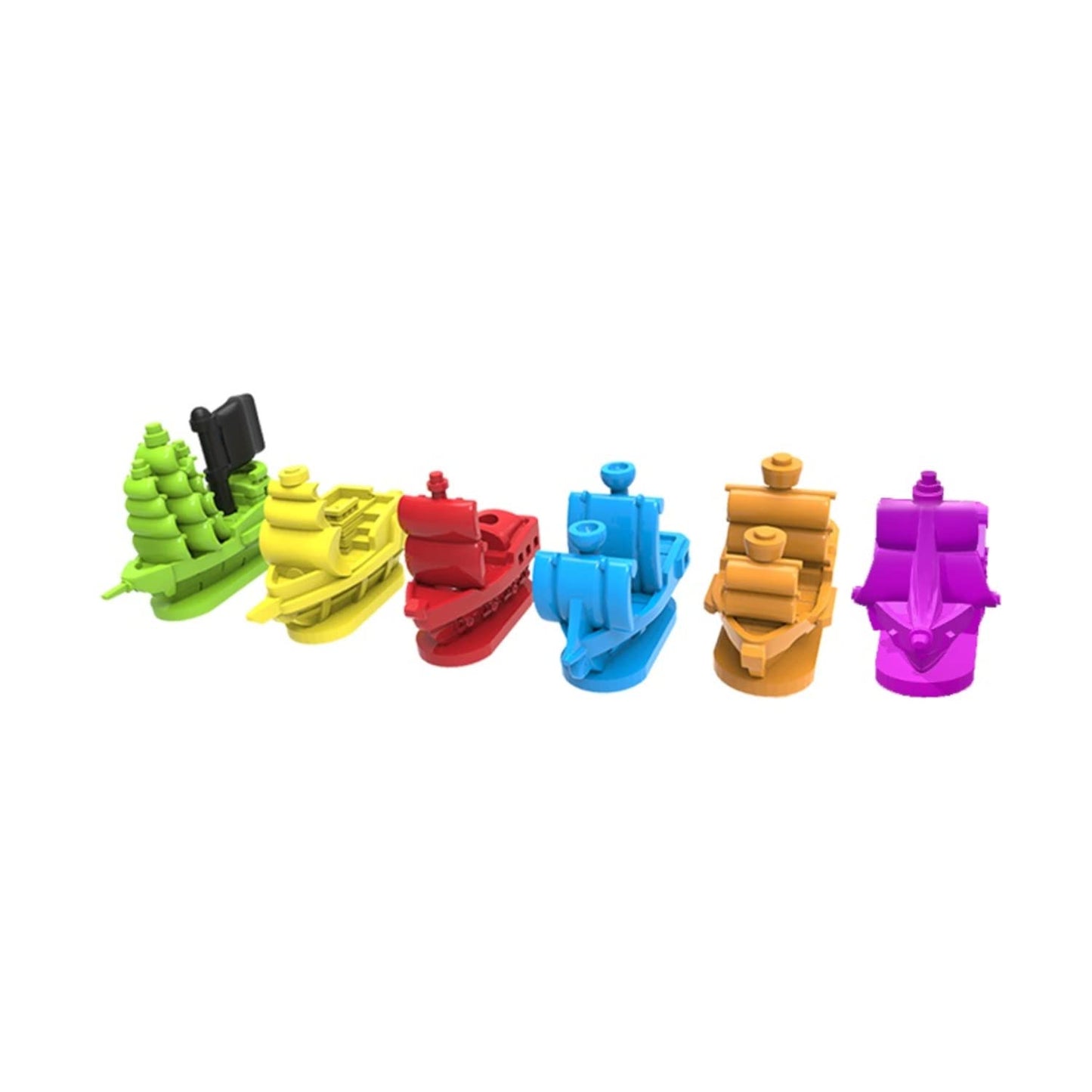 Six colorful plastic ship game pieces (green, yellow, red, blue, orange, purple) in a row on white.