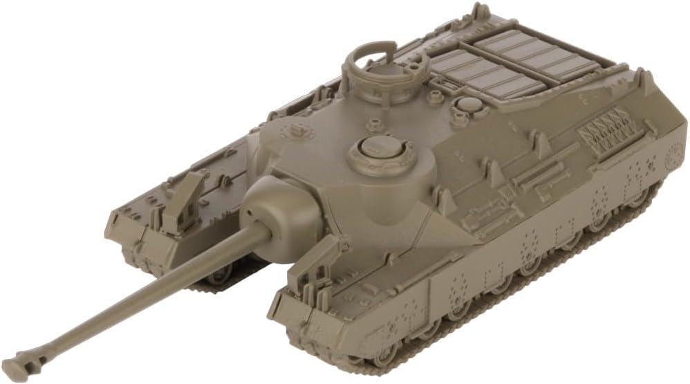 Olive green model tank with a long gun barrel and tracks, angled view on a white background