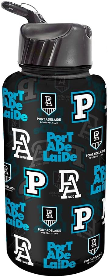 Angled view of the Licensing Essentials AFL Port Adelaide Power Flip Drink Bottle featuring the flip-top lid and full graphic wrap