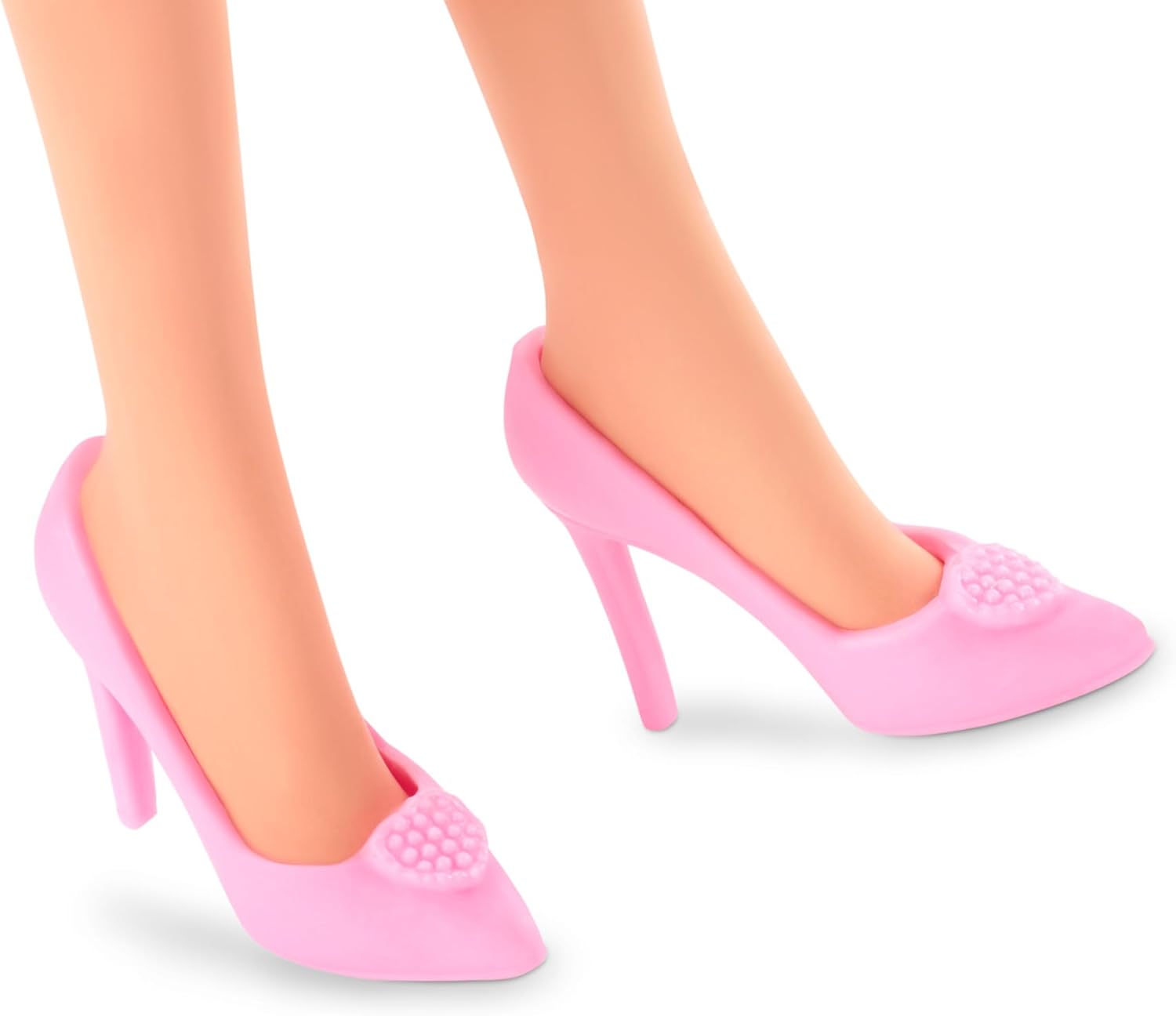 Plastic doll's feet wearing bright pink high heels with textured decorations