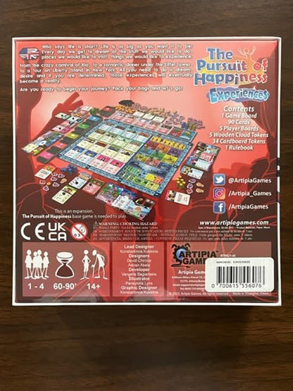 Back of "The Pursuit of Happiness Experiences" board game expansion box, showing game board, cards, tokens, and info