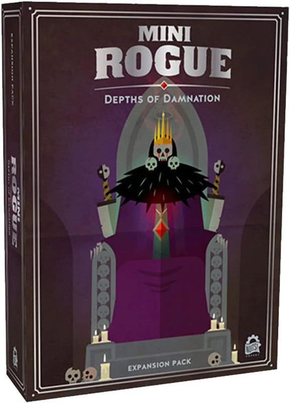 Mini Rogue: Depths of Damnation expansion pack box. Cover shows a skull-crowned king on a large purple throne