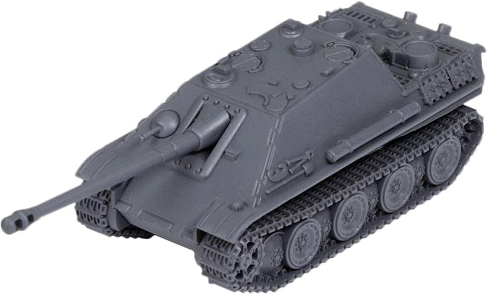 A detailed grey model of a tank destroyer with a long gun barrel, viewed from the front-left angle