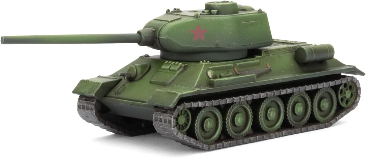 A green military tank model with a long gun barrel, tracks and a red star on its turret