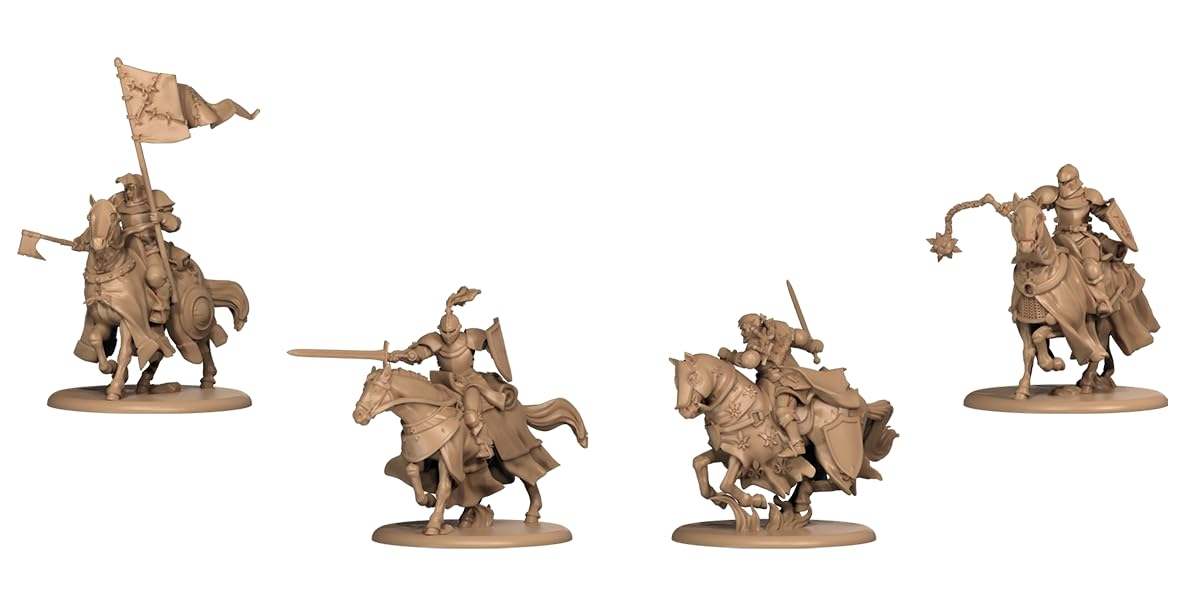 Four unpainted tan miniature figures of mounted knights and warriors in dynamic poses, with various weapons