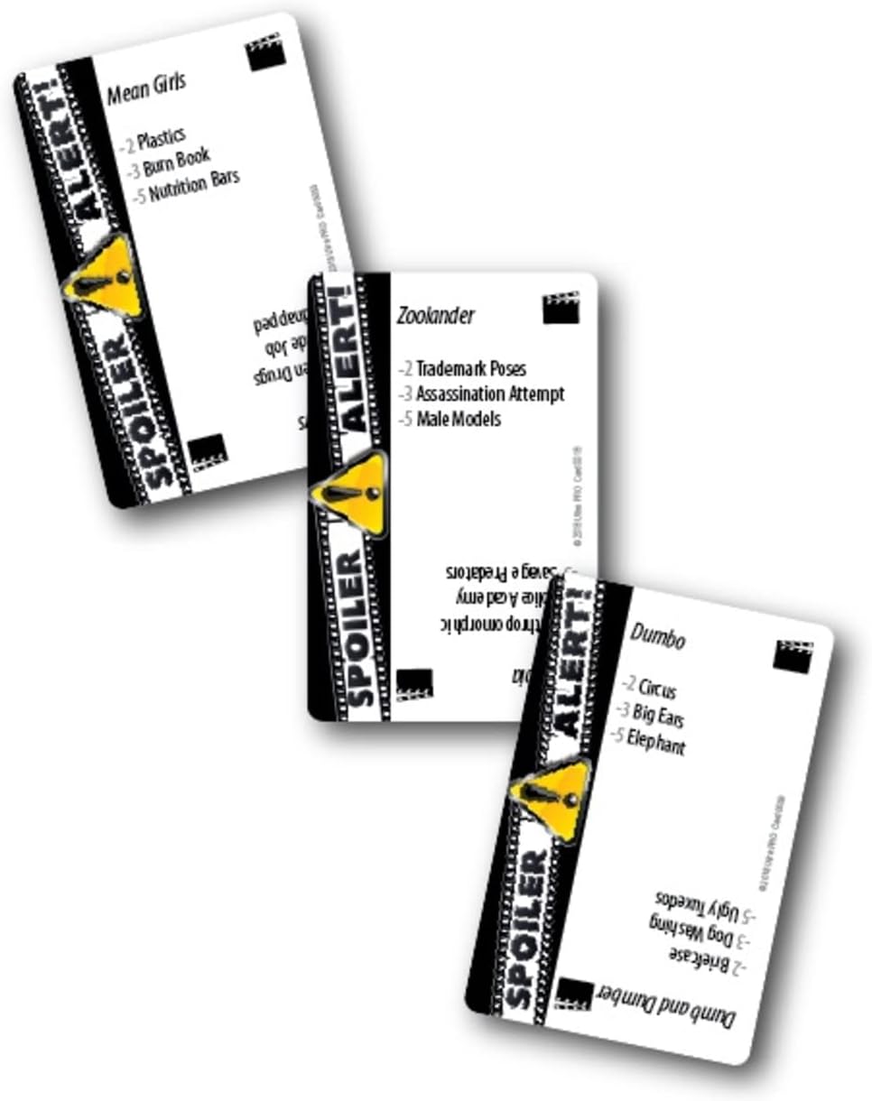 Spoiler Alert card game displaying Mean Girls Zoolander and Dumbo cards with points for movie elements