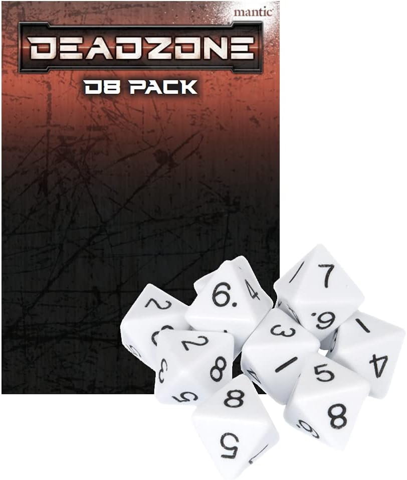 Deadzone D8 Pack box and a pile of white eight-sided dice