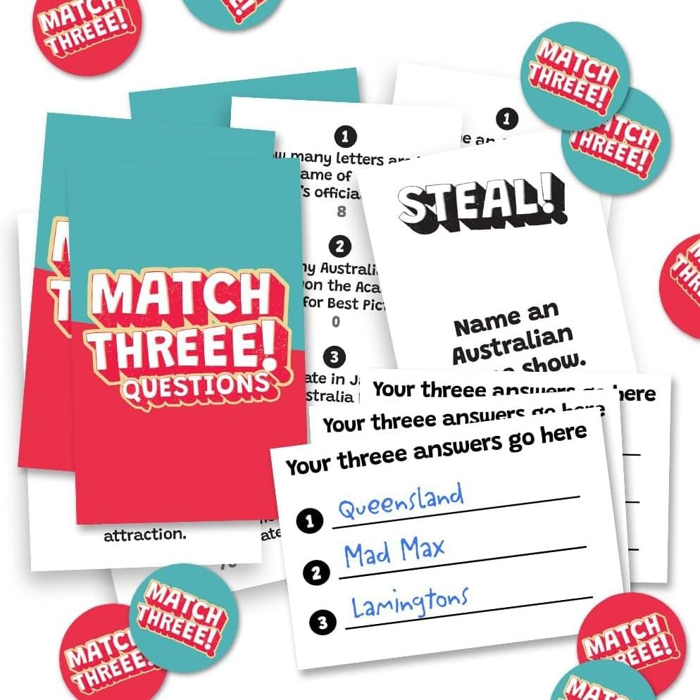 Match Threee! party card game components: question cards, score pads with answers, "STEAL!" card, and game tokens