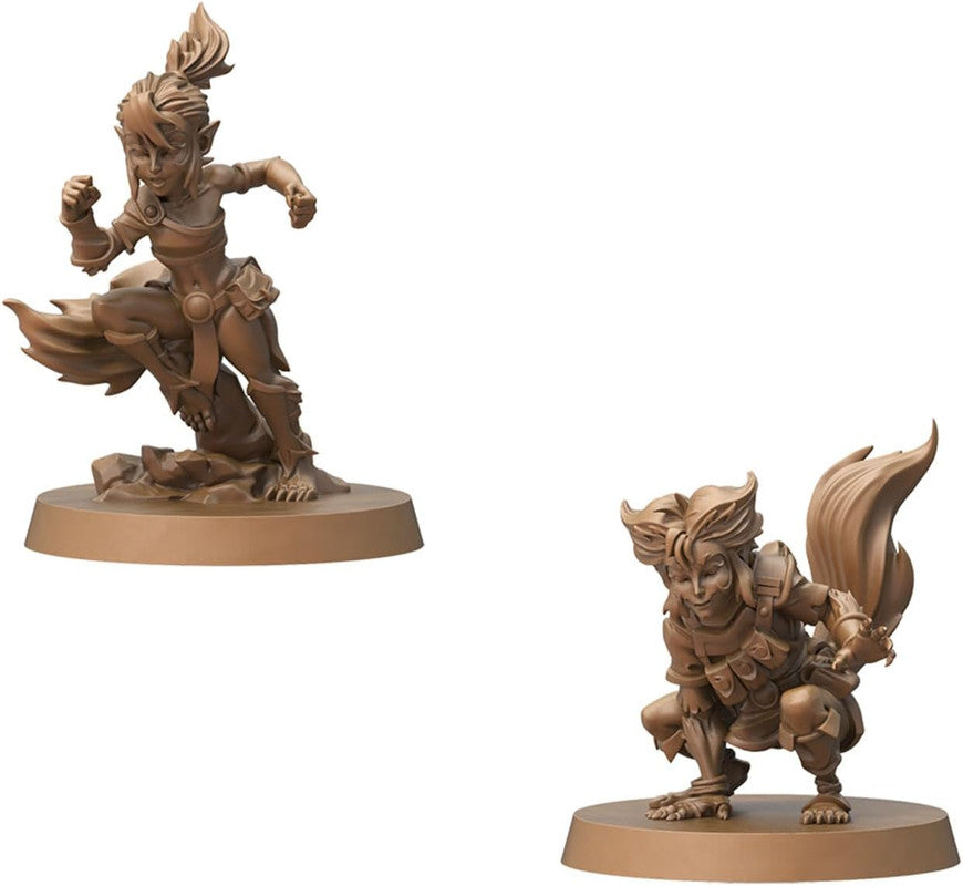 Two unpainted brown fantasy tabletop miniatures: an agile elf-like figure in a running pose and a crouched bushy-tailed creature