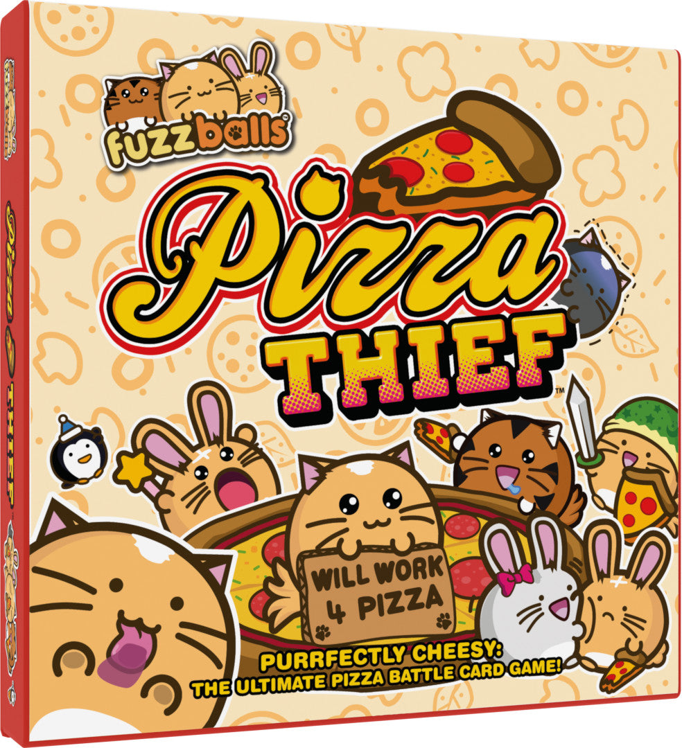 Pizza Thief card game box featuring Fuzzballs cartoon cats and rabbits battling over pizza slices