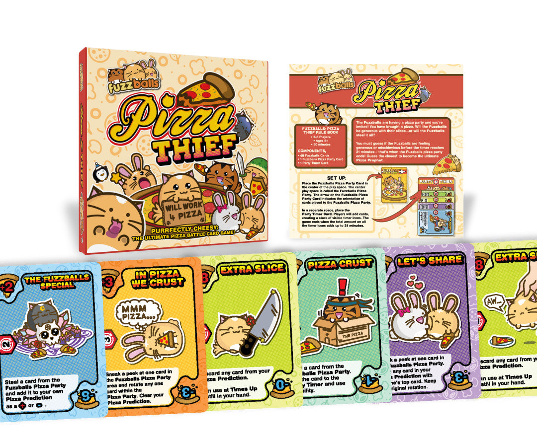 Pizza Thief Fuzzballs card game box, rule book, and several action cards featuring cartoon cats and rabbits
