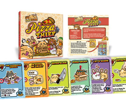 Pizza Thief Fuzzballs card game box, rule book, and several action cards featuring cartoon cats and rabbits