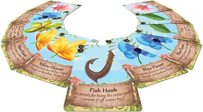 Game components including flower-themed cards, tokens, and a drawstring pouch
