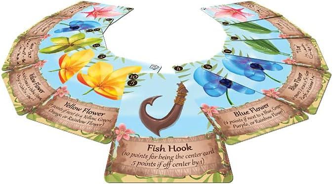 Game components including flower-themed cards, tokens, and a drawstring pouch