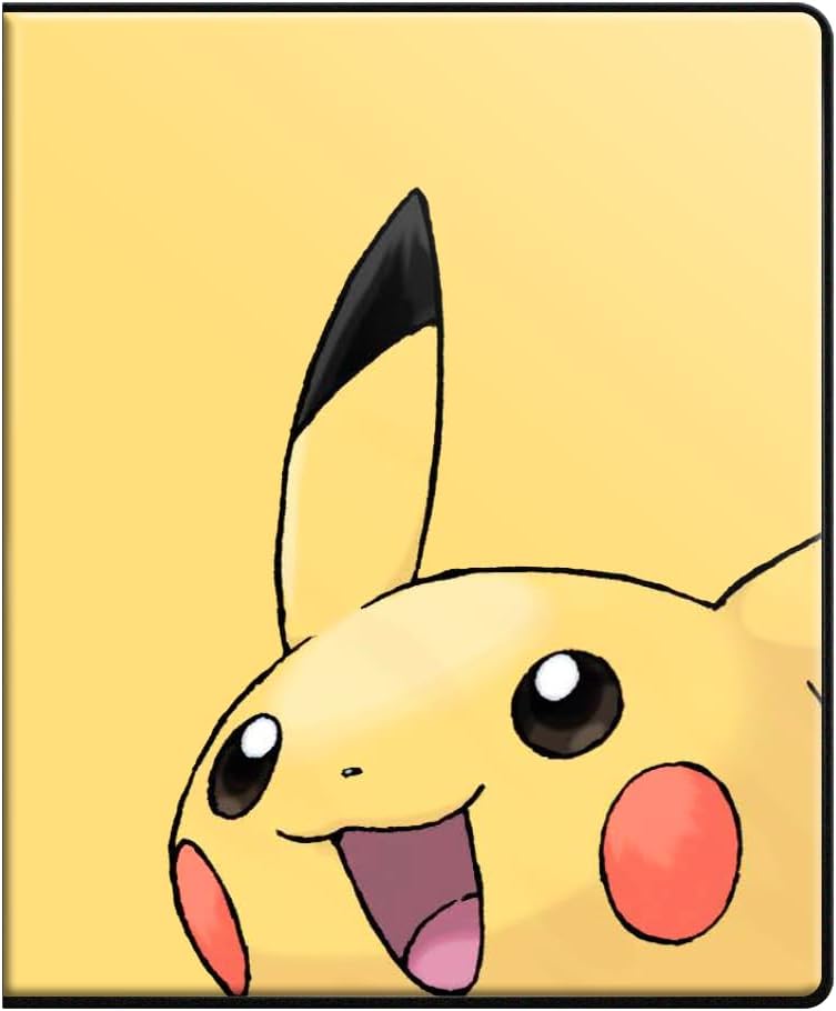 Close-up of Pikachu peeking from the bottom, smiling widely with an open mouth against a yellow backdrop