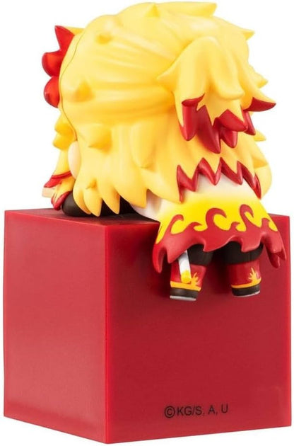Anime Demon Slayer with yellow spiky hair and red details wearing a red and yellow fire-patterned skirt sitting