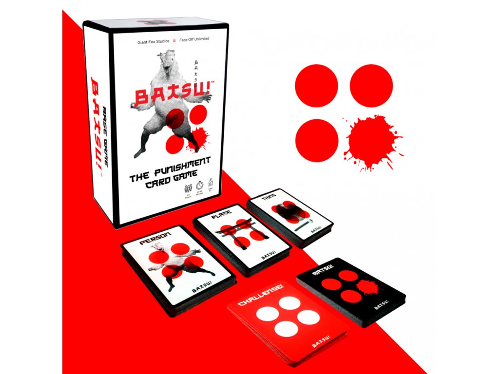 BATSU! The Punishment Card Game box and various card stacks are spread on a red and white surface. Designs include red circles/splatters