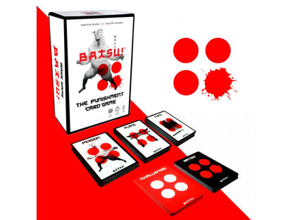 BATSU! The Punishment Card Game box and various card stacks are spread on a red and white surface. Designs include red circles/splatters