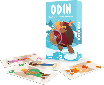 ODIN board game box featuring a stylized Viking, displayed next to several character game cards