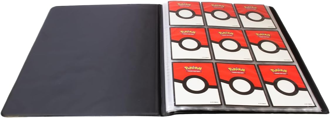 Open black binder filled with nine sleeved Pokemon trading cards showing the red Poke Ball back