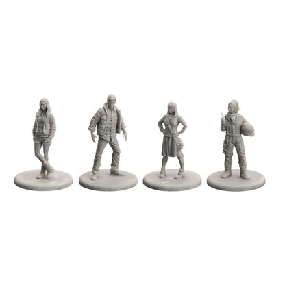 Four gray unpainted miniature figures on bases: a woman, a man, a woman with a rifle, and a pilot