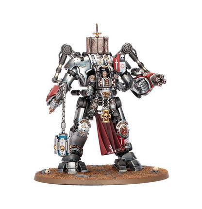 Heavily armored silver Grey Knights Dreadknight miniature, armed with a multi-barrel gun and chained weapon