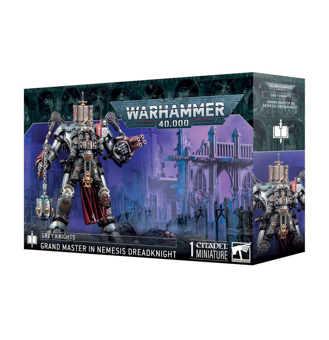 Warhammer 40K box: Grey Knights Grand Master in Nemesis Dreadknight, a large armored mech holding a hammer and cannon