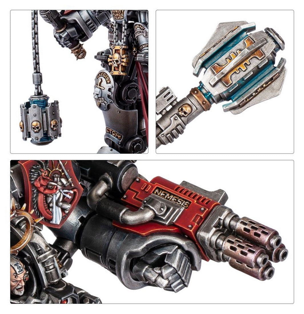 Detailed components of a painted sci-fi battlesuit miniature, including armored torso, Nemesis gun, and power hammer