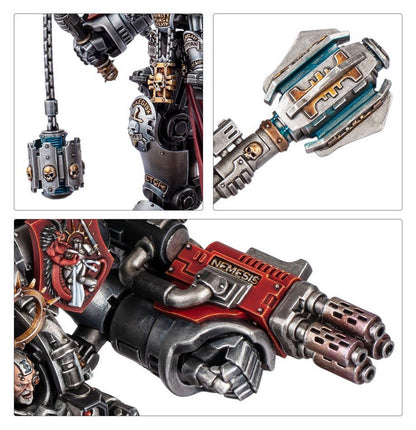 Detailed components of a painted sci-fi battlesuit miniature, including armored torso, Nemesis gun, and power hammer