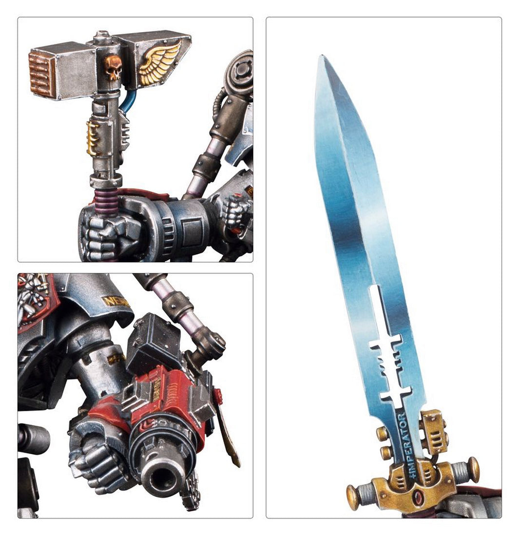Close-ups of painted miniature weaponry: power hammer, heavy gun, and glowing blue blade inscribed IMPERATOR