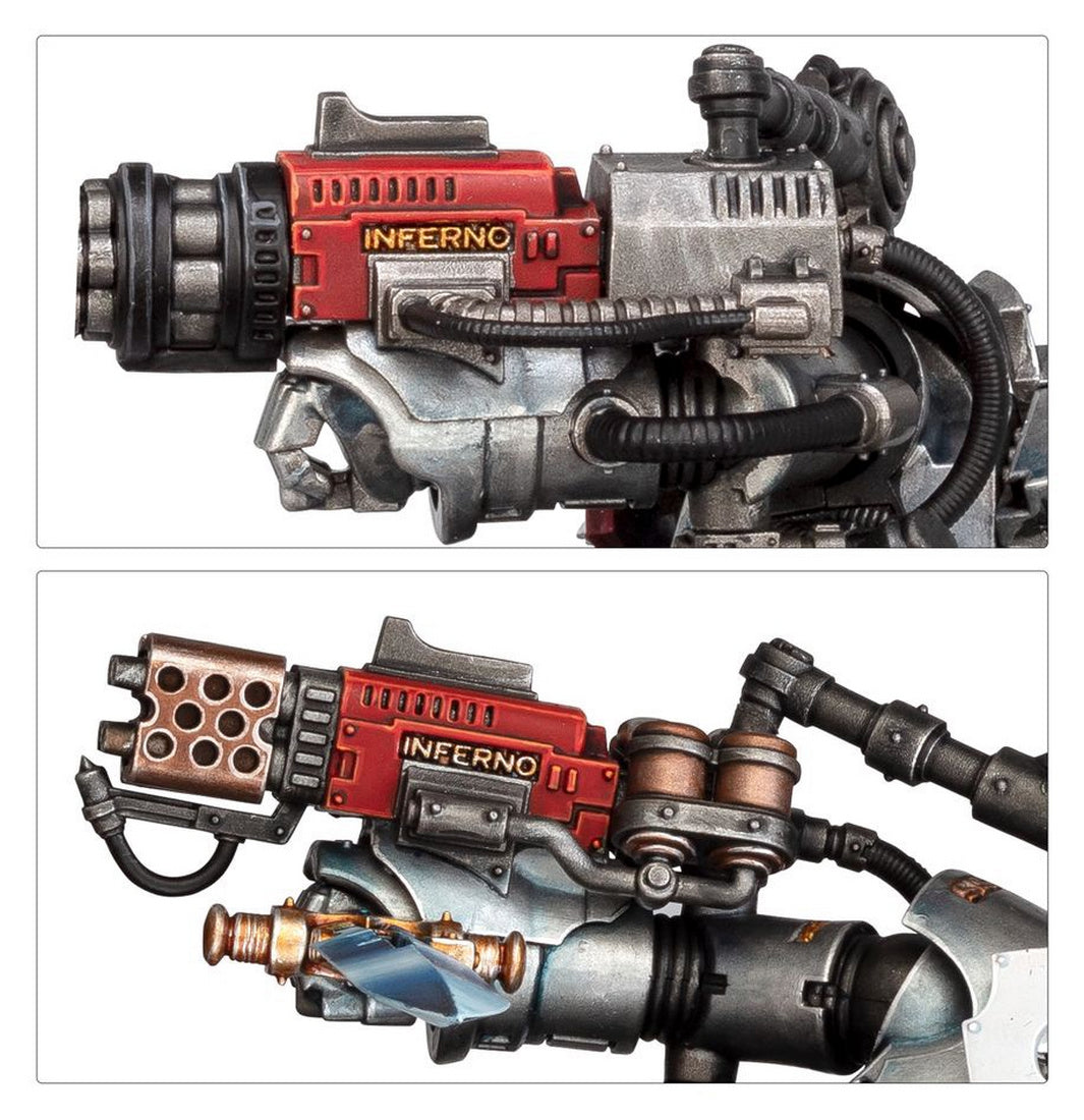 Miniature heavy flamer weapon, red housing labeled "Inferno," shown in two detailed variants