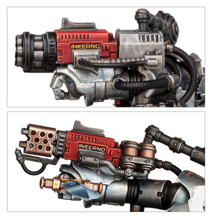 Miniature heavy flamer weapon, red housing labeled "Inferno," shown in two detailed variants