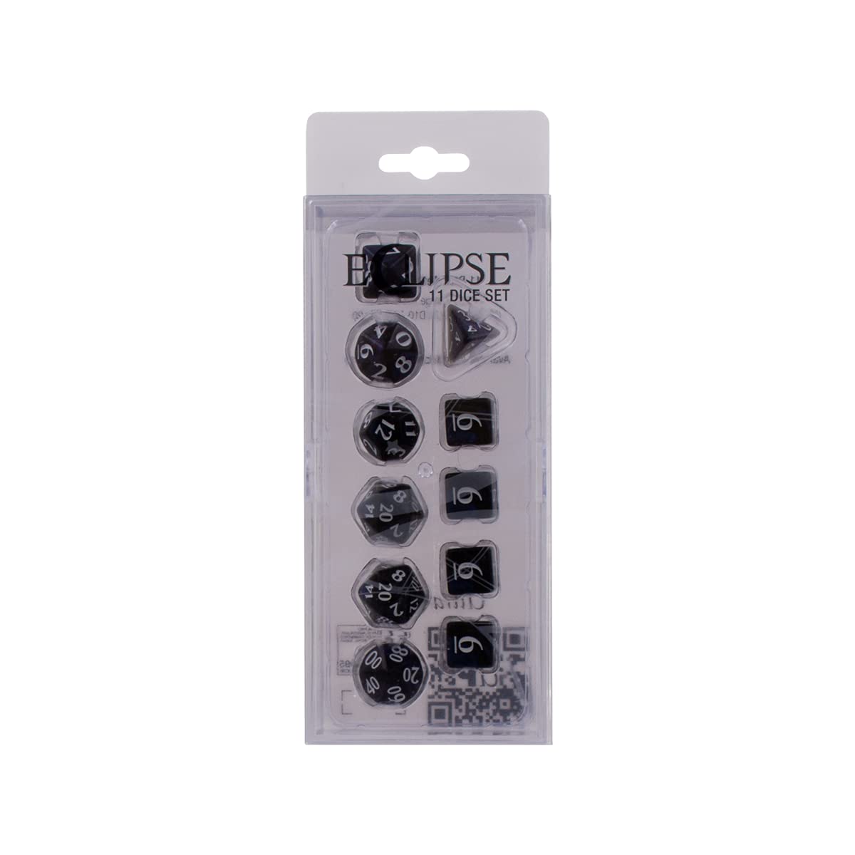 A black Eclipse 11-dice set with white numbers, displayed in clear plastic packaging