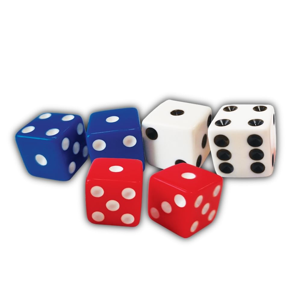 Six blue, red, and white dice scattered on a white background